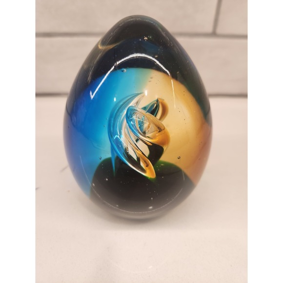 4 Inch Art Glass Paperweight Egg Blue Brown Orange Swirl with Suspended Bubbles - Picture 3 of 11